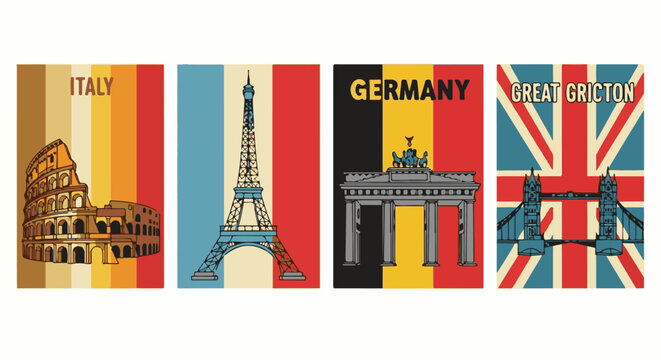 Vintage postcard art featuring iconic European landmarks and national flags