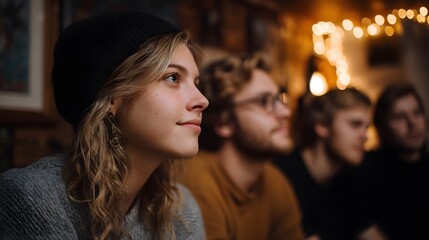 Fototapeta premium A thoughtful woman is featured in the foreground surrounded by a group of friends sharing a warm intimate moment in a dimly lit setting