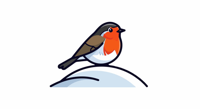 Cute robin perched on a snowy mound, with dark outline