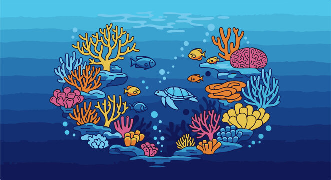A pixel art underwater scene with a turtle, fish, corals, and a brain