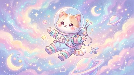 Cute chibi cat astronaut floats in colorful space with stars and planets.