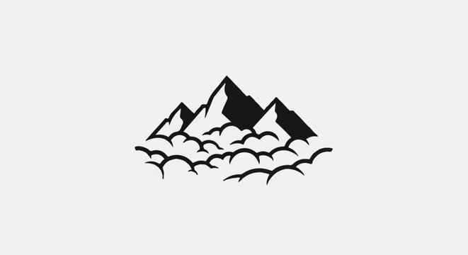 Stylized black mountain peaks pierce through stylized white clouds on a white background