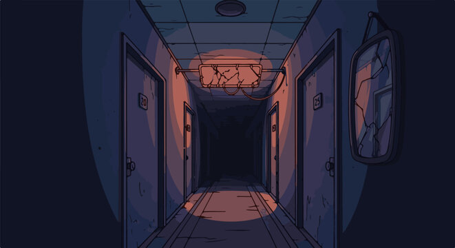 Dim, pixelated hallway with two doors, a broken light fixture, and a cracked mirror