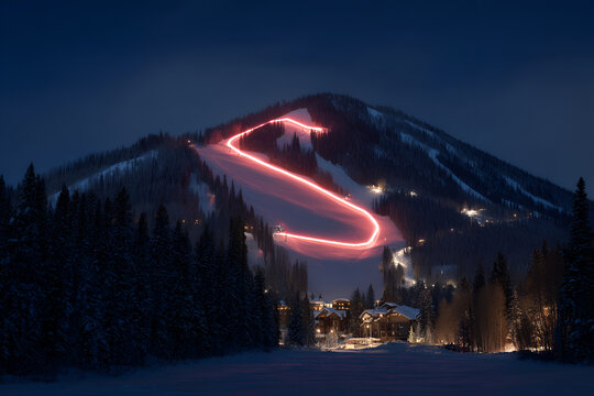 A night view shows a snowy mountain with a lit ski slope tracing a winding path. Buildings and trees dot the landscape