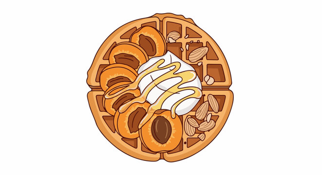 Delicious waffle topped with fresh apricots, cream, and honey, garnished with almonds