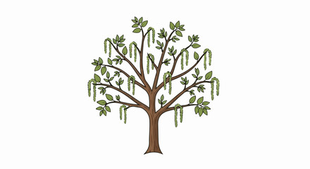 Obraz premium Stylized tree with green leaves and dangling catkins