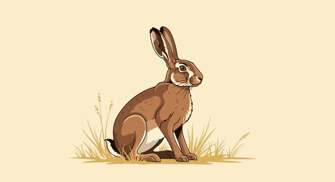 A brown hare sits alertly in dry grass against a pale background, rendered in a pixelated art style