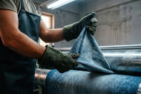 Hands pulling denim fabric off industrial roller in factory setting