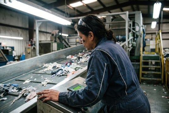 Woman worker operating textile recycling conveyor in industrial