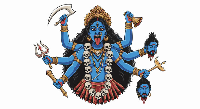 A blue multi-armed divine figure with fierce expression, holding weapons, skulls, and severed heads