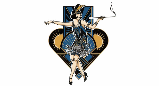 Art deco flapper girl in fringed dress, smoking, elegant pose on abstract heart backdrop