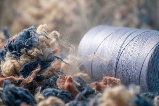 Shredded cotton fibers and spool of blue yarn macro detail