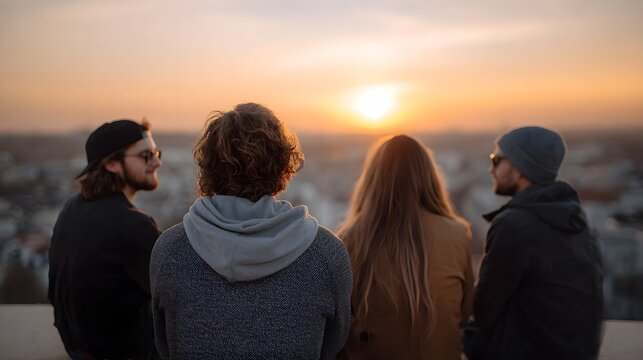 Friends viewing the expansive sunset skyline from a high vantage point symbolizing new opportunities and shared aspi ns