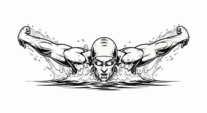 Dynamic black and white illustration of a powerful swimmer performing the butterfly stroke with energetic water splashes