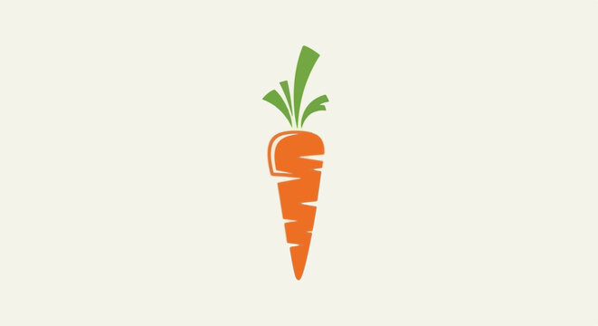 A stylized orange carrot with green leaves on a light background