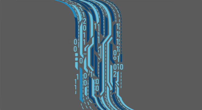 Abstract digital stream of binary code and circuit board lines flowing downwards