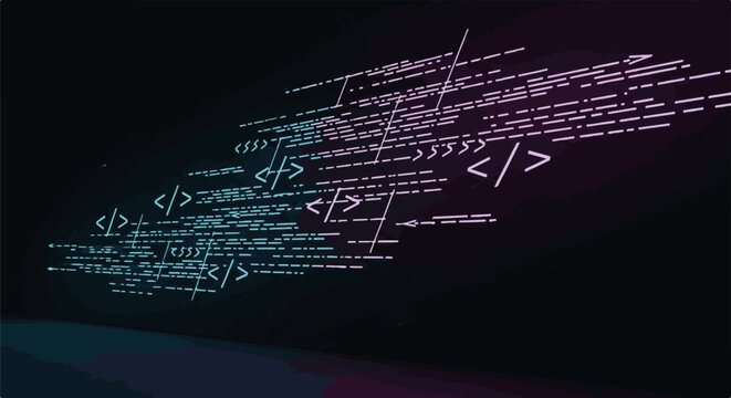 Abstract digital streams of code with neon cyan and magenta glow on dark