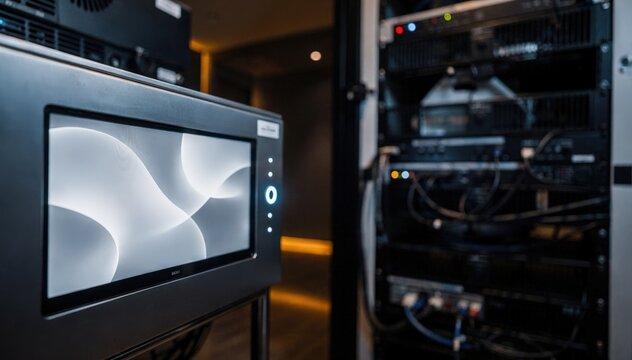 Sharp image of media server interface panel contrasted with softly outoffocus digital projector and sound system equipment in a professional multiplex cinema booth.
