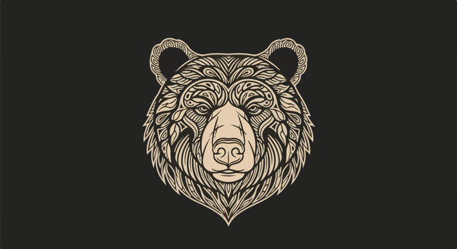 Ornate bear head design with tribal-inspired line art, set against a dark background