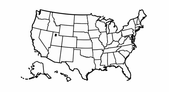 Stylized outline map of the United States, including Alaska and Hawaii, with internal state borders