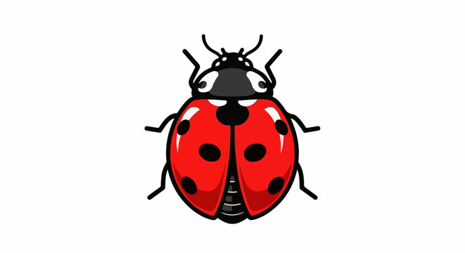A stylized cartoon ladybug with red wings and black spots on a white background