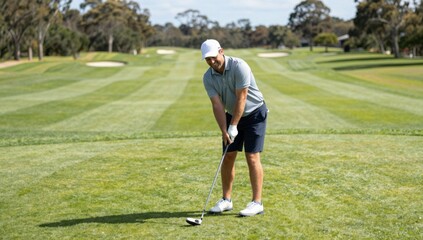 Obraz premium Golfer Preparing to Tee Off on Lush Green Golf Course Fairway