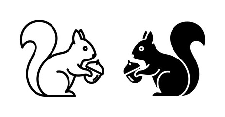 Squirrel line and silhouette icons holding acorn nut © Arif