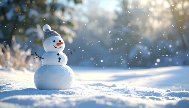 A cheerful snowman wearing a hat stands in a snowy forest during a snowfall