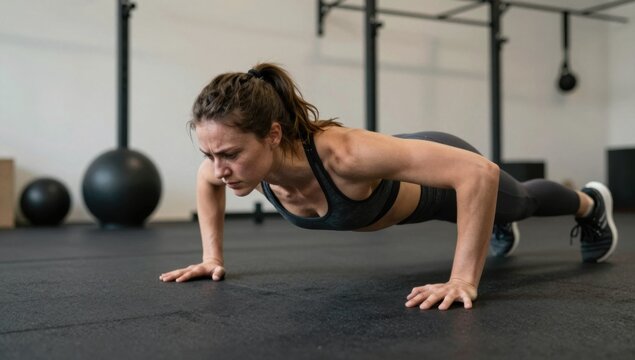 Strong Woman Performing Push Up Exercise in Modern Gym Environment