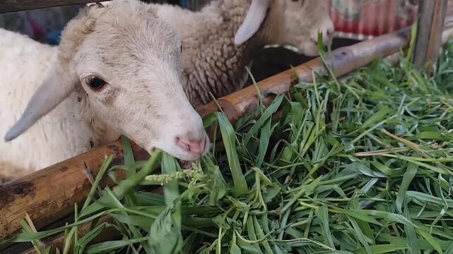 Two sheep with yellowish-white fur grazing on fresh green grass in a pen. 