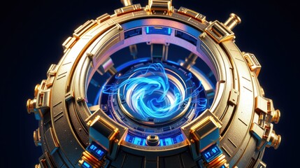 Naklejka premium Golden spherical device emits vibrant blue energy. Complex mechanical details suggest futuristic technology, power source. Dramatic lighting enhances visual impact.