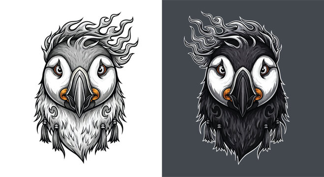 Detailed stylized illustration of a puffin head with intricate feather patterns and a fiery crest, presented in both light and dark versions.