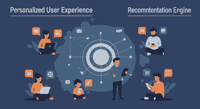 Flat illustration showing personalized user experience and recommendation engine