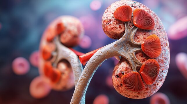 Chronic kidney disease representation showing internal structure and function of kidneys under a colored background