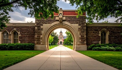 Obraz premium Historic Stone Archway Entrance Framing A Traditional University Campus Building With Clock Tower And Green Lawn Under A Bright