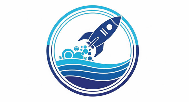 Rocket ship logo with blue waves and bubble circles for science education and space travel branding icon