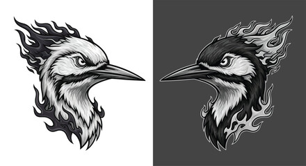 Fototapeta premium Two stylized woodpecker heads with contrasting fiery designs, one light on white and one dark on grey, facing each other.