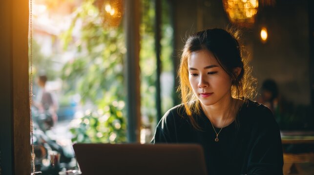 Woman using laptop near window sunlight