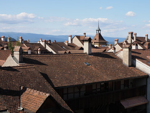 Panoramic roofs of European Murten town in Switzerland