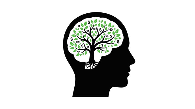 Human Head Profile Silhouette Tree with Green Dollar Sign Leaves Inside Isolated White Background