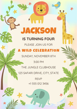 Safari birthday invitation template with cute jungle animals. Lion, giraffe, monkey, and elephant theme for kids party. Wild One celebration invite with tropical palm leaves and editable text