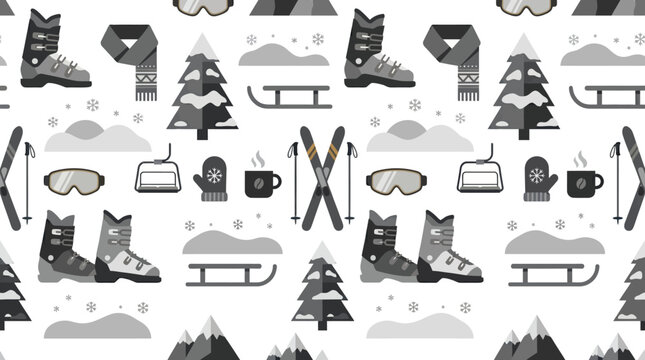 Seamless pattern with winter sports and cozy elements like goggles, mittens, skis, boots, sleds, pine trees, mountains, mugs, and snowflakes in a grey scale on a light background