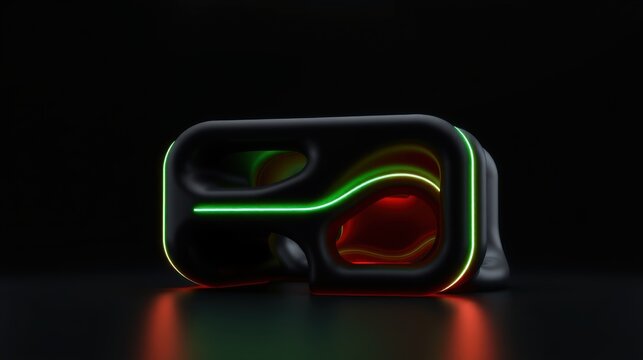 Futuristic vr headset glows with vibrant red, green illumination. Sleek black design reflects light, creating dramatic effect.