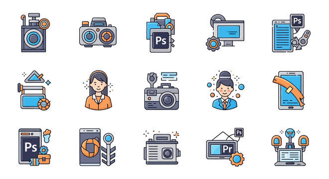 Collection of graphic design and photography icons.