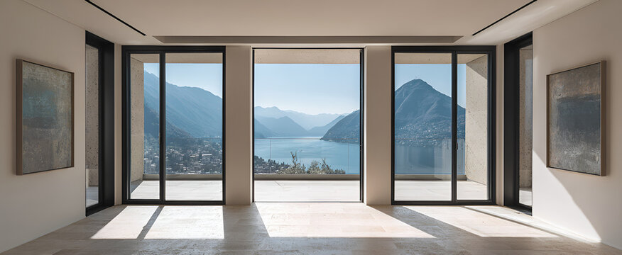 An interior space frames a serene mountain lake view through large windows and a central doorway. Artwork hangs on either side