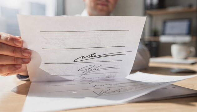 Focused image of an open document showing a detailed signature list under bright light while the persons face and office setting remain softly blurred.