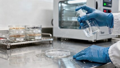 Closeup of technician applying sanitizer in a microbiology lab cleanroom highlighting hygiene protocols alongside petri dishes and temperaturecontrolled incubators.