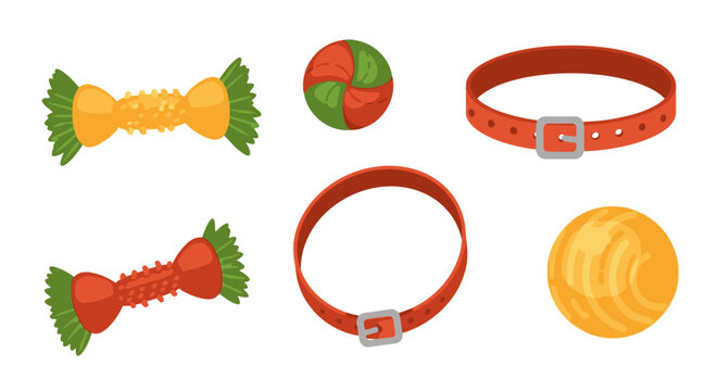 Colorful dog collars chew toys and balls on white background