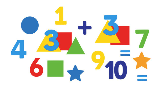 Colorful educational numbers and geometric shapes on white background
