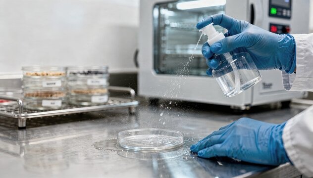 Closeup of technician applying sanitizer in a microbiology lab cleanroom highlighting hygiene protocols alongside petri dishes and temperaturecontrolled incubators.
